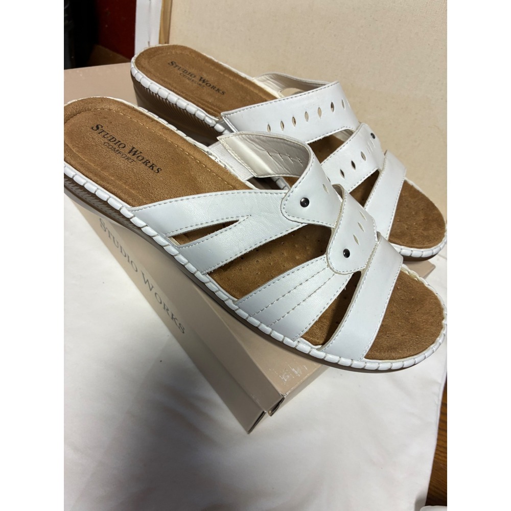 Studio Works Comfort SW-Mason White Slide Sandals Women 9.5 M Wedge Slip On New